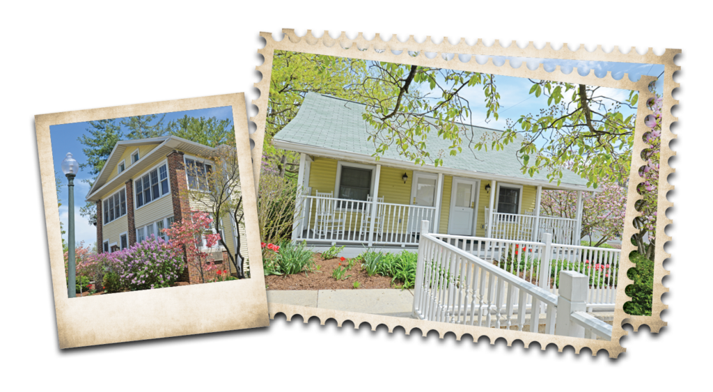 stamp graphic of front porch and photo of ourdoor flowers and brick wall