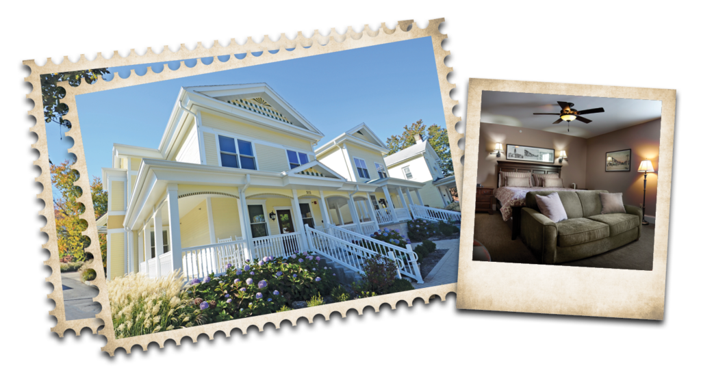 stamp graphic of grant st inn front porch and photo of bedroom