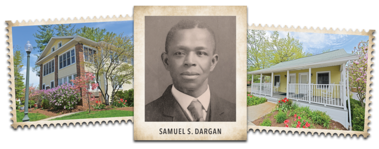 samuel d. dargan black and white headshot, stamp graphic of outside of building and porch